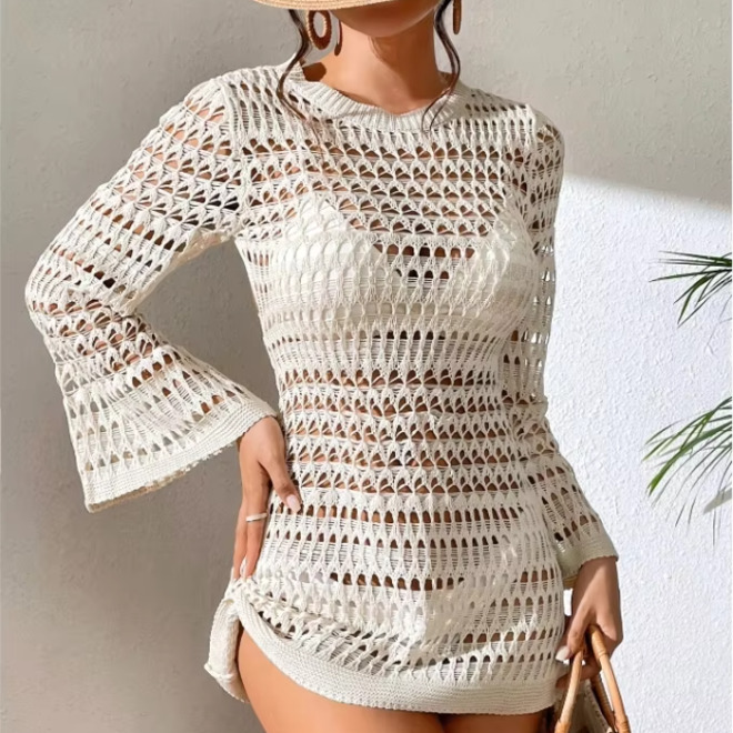 Summer Solid Long Sleeved Knitted Backless Beach Cover Up