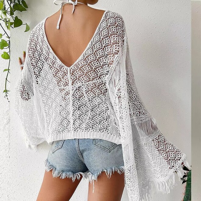Crochet Tassel Bat Sleeve Womens Cover Up
