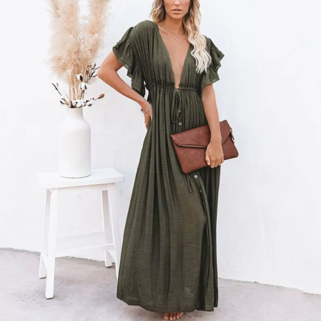 Womens Lightweight Button Down Maxi Cover Up With Waist Tie
