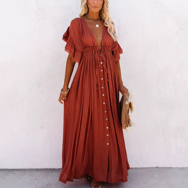Womens Lightweight Button Down Maxi Cover Up With Waist Tie
